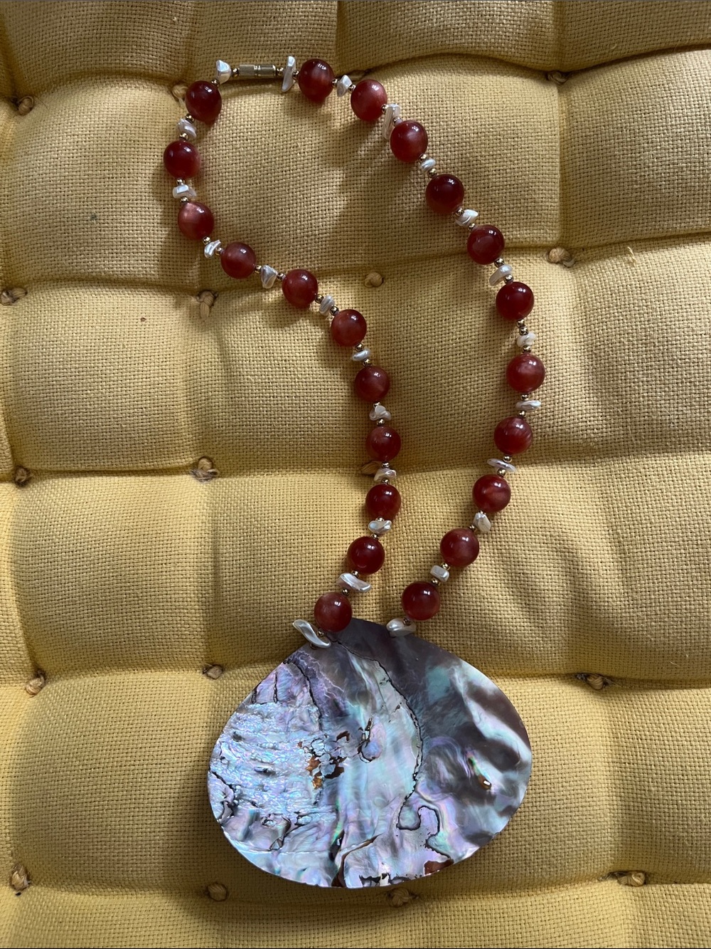 Handmade Red Beaded Necklace with Abalone Shell Pendant